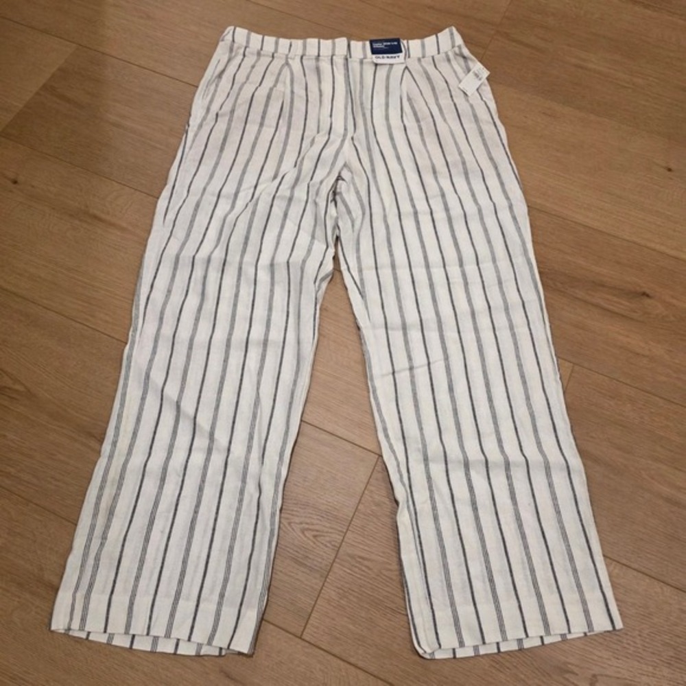 Old Navy‎ Taylor Wide LegTrouser Pants L Extra High Rise Striped Linen Blend NWT